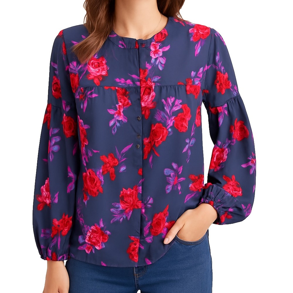 Ophelia Roe Womens M Navy Blue Floral Button Front Long‎ Sleeve Workwear Blouse